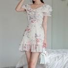 Short-sleeve Ruffled Print Mini A-line Dress