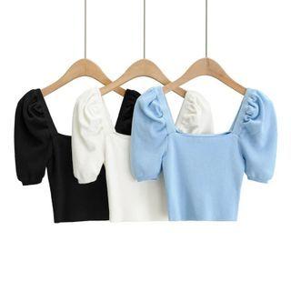 Puff-sleeve Square-neck Knit Crop Top