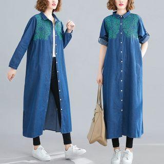 Embroidered Denim Midi Shirt Dress