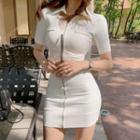 Short-sleeve Collared Zip-up Mini Bodycon Dress