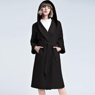 Tie-waist Hooded Woolen Coat