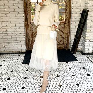 Set: Turtle-neck Belted Sweater + Tulle-overlay Long Slipdress