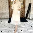 Set: Turtle-neck Belted Sweater + Tulle-overlay Long Slipdress
