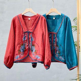 Frog-button Flower Embroidered Linen Blouse