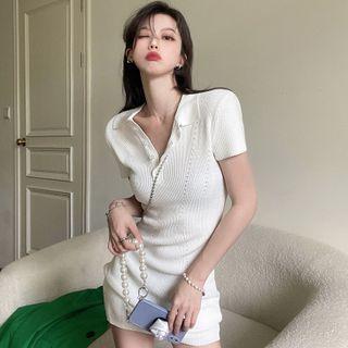 Short-sleeve Pointelle Mini Sheath Polo Dress