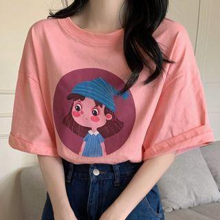 Elbow-sleeve Cartoon Print T-shirt Watermelon Red - One Size