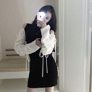 Cutout Shoulder Long-sleeve Mini Knit Dress As Shown In Figure - One Size