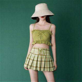 Set: Lace Up Tankini Top + Plaid Swim Skirt