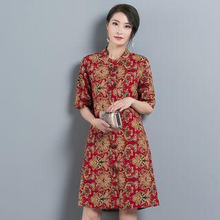 Elbow-sleeve Printed Toggle Mini A-line Dress