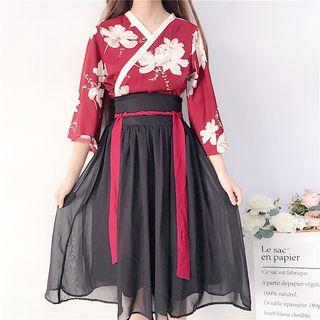 3/4-sleeve Floral Print Hanfu Top / Midi A-line Skirt