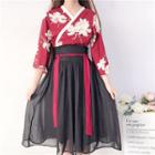 3/4-sleeve Floral Print Hanfu Top / Midi A-line Skirt