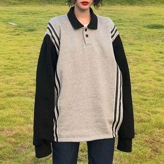 Collared Color Block Sweatshirt Gray - One Size