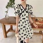 Puff-sleeve Ribbon Print Midi A-line Dress