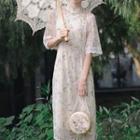 Floral Print Mandarin Collar Elbow-sleeve Midi A-line Dress