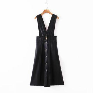 Buttoned Faux Leather Pinafore Dress