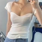 Short-sleeve Square-neck Ribbed Knit Top