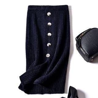 Button Detail Knit Skirt Black - One Size