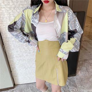 Long-sleeve Color Block Letter Printed Shirt