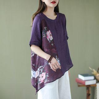 Elbow-sleeve Floral Print Panel Top