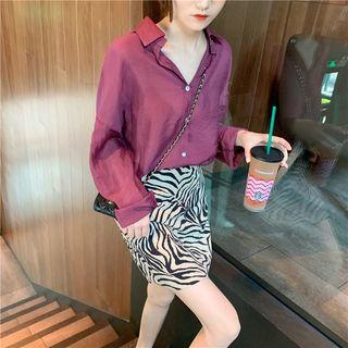 Plain Long-sleeve Shirt / Zebra Print Skirt