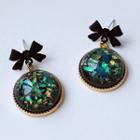 Bow Round Drop Earring 1 Pair - B - 397 - Black Bow & Rhinestone - Dark Green - One Size