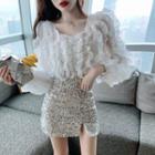 Puff-sleeve Ruffled Blouse / Sequined Skirt