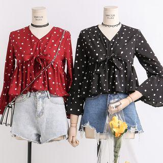 Ribbon-front Dotted V-neck Blouse