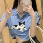 Short-sleeve Cat Print Knit Crop Polo Shirt
