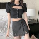 Cut-out Short-sleeve T-shirt / Striped Lace Trim Mini A-line Skirt