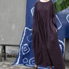 Long-sleeve Linen Midi A-line Dress Purple - One Size