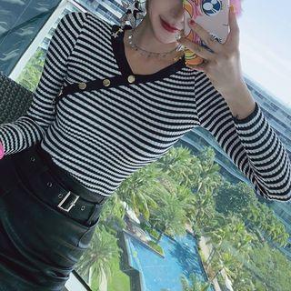 V-neck Striped Knit Top Stripes - Black & White - One Size