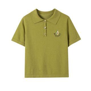 Set: Avocado Embroidered Knit Polo Shirt + Knit Skirt Avocado Green - One Size