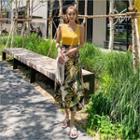 Set: Square-neck Tank Top + Floral Print Wrap Skirt Mustard Yellow - One Size