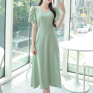 V-neck Shirred-sleeve Long Dress