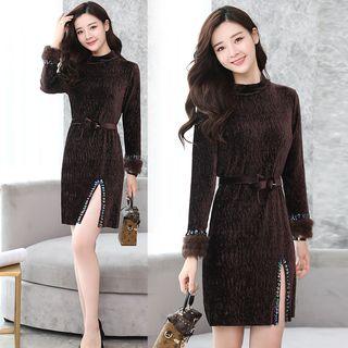 Long-sleeve Jeweled Slit Velvet Dress