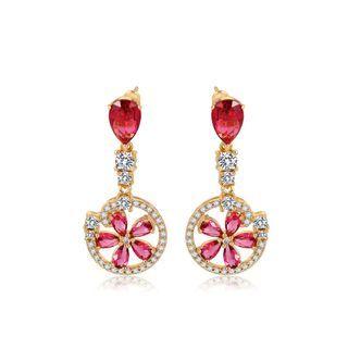 Fashion And Elegant Plated Gold Round Flower Earrings With Rose Red Cubic Zirconia Golden - One Size