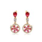 Fashion And Elegant Plated Gold Round Flower Earrings With Rose Red Cubic Zirconia Golden - One Size