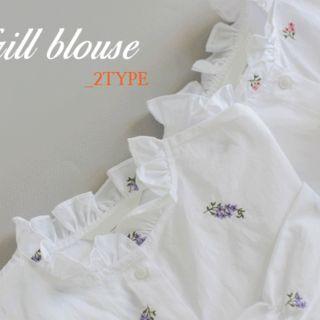 Frill-neck Flower-pattern Embroidered Blouse