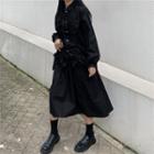Long-sleeve Drawstring Blouse / A-line Midi Skirt