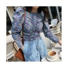 Puff-shoulder Ruched Floral Blouse Blue - One Size