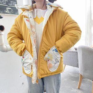 Reversible Padded Cartoon Print Hooded Zip Jacket As Shown In Figure - One Size