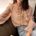 Ruffled Bell-sleeve Blouse Pink - One Size