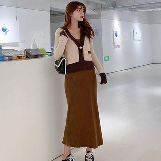 Set: Ribbed Cropped Cardigan + Spaghetti Strap Midi Slit Knit Dress