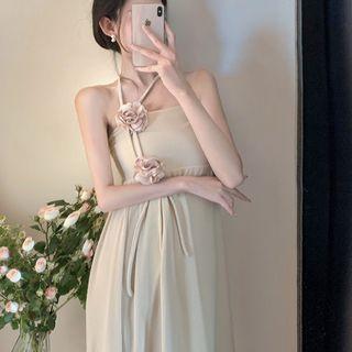 Spaghetti Strap Floral Accent Midi A-line Dress Beige - One Size