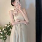 Spaghetti Strap Floral Accent Midi A-line Dress Beige - One Size