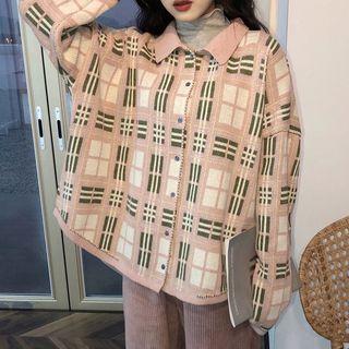 Plaid Cardigan / Corduroy Wide Leg Pants / Mock Turtleneck Long-sleeve Top