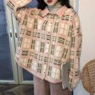 Plaid Cardigan / Corduroy Wide Leg Pants / Mock Turtleneck Long-sleeve Top