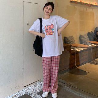 Elbow-sleeve Cartoon Elephant Print T-shirt / Plaid Wide-leg Pants