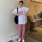 Elbow-sleeve Cartoon Elephant Print T-shirt / Plaid Wide-leg Pants