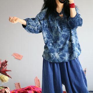 Long-sleeve Tie Dye Denim Top Blue - One Size